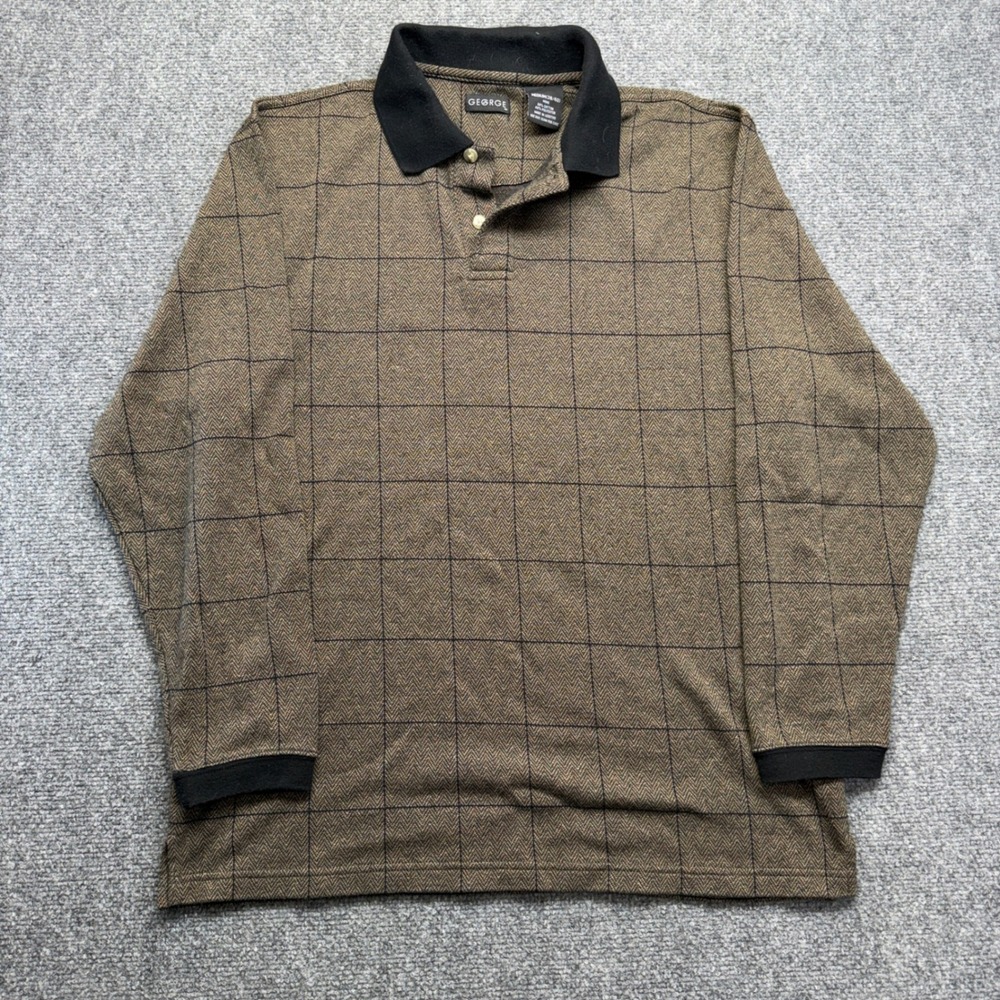 George Mens Long Sleeve Polo Shirt Brown Herringbone Windowpane Size Medium